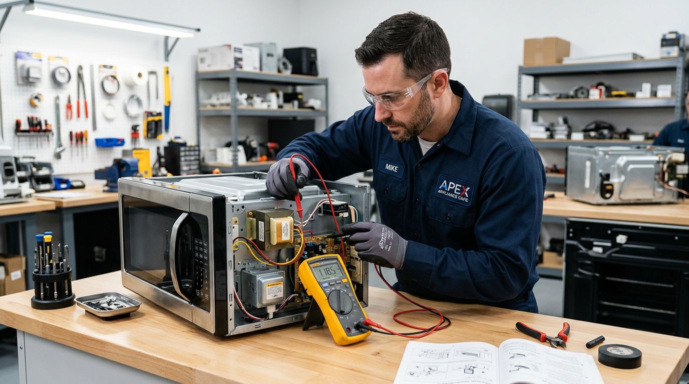 Appliance repair technician checking microwave safety