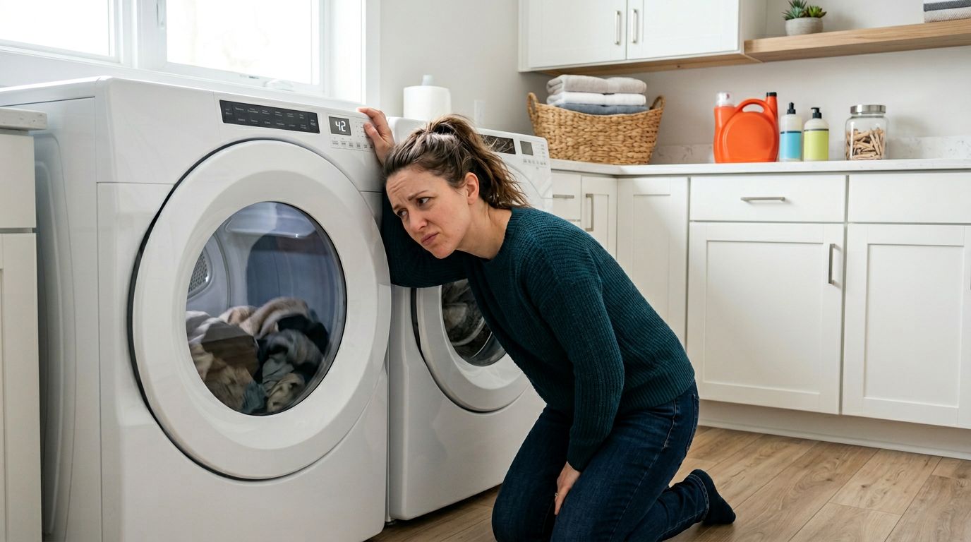 concerned homeowner listening to noisy dryer