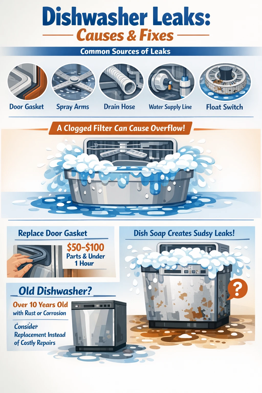 dishwasher leaking water troubleshooting infographic key takeaways