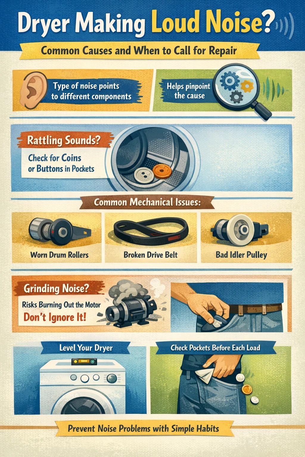 dryer making loud noise troubleshooting infographic key takeaways
