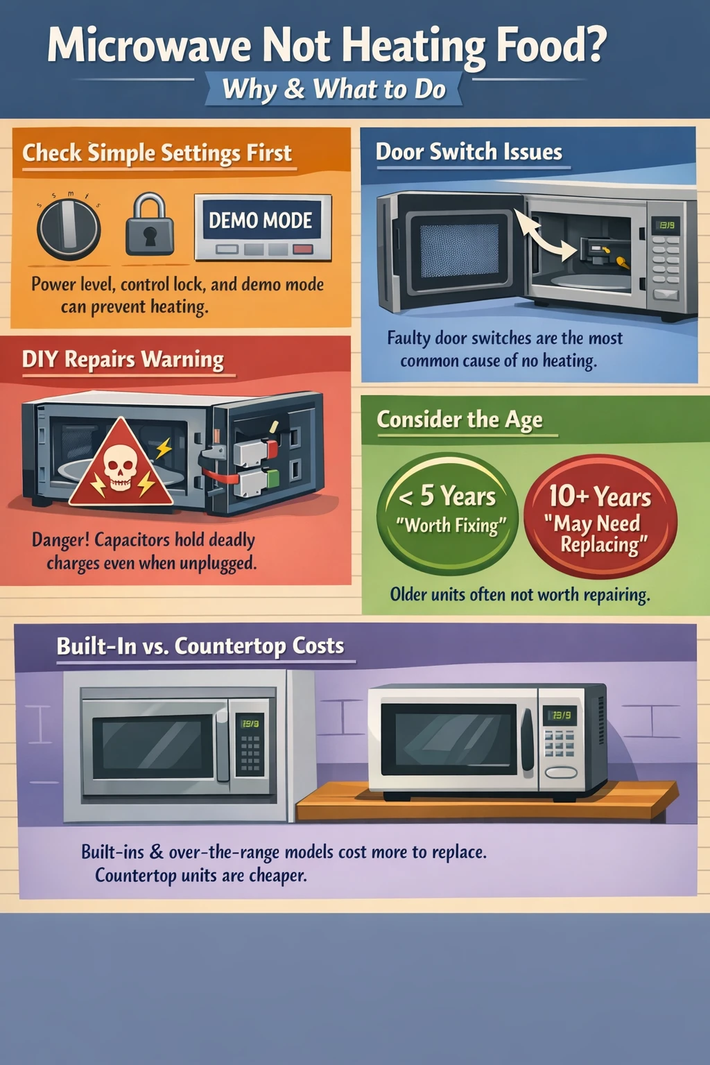 Microwave not heating troubleshooting key takeaways infographic