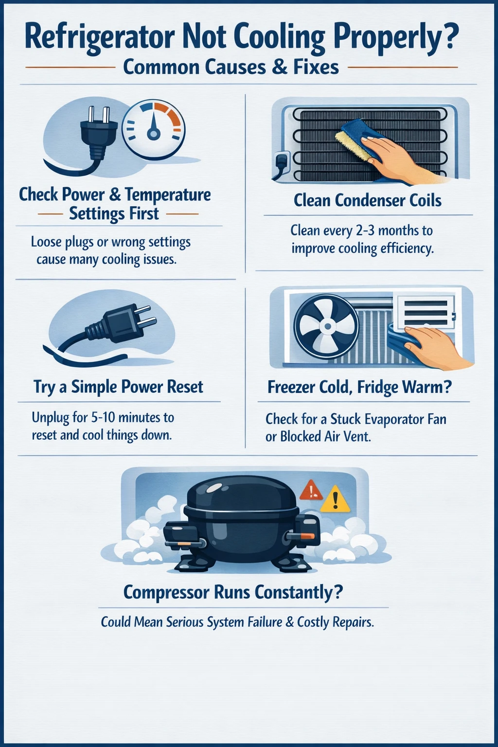 refrigerator not cooling key takeaways infographic