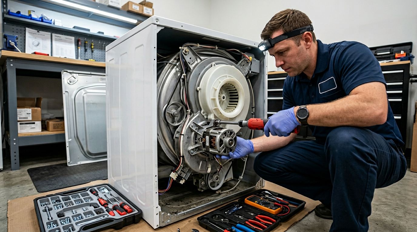 technician repairing noisy dryer drum
