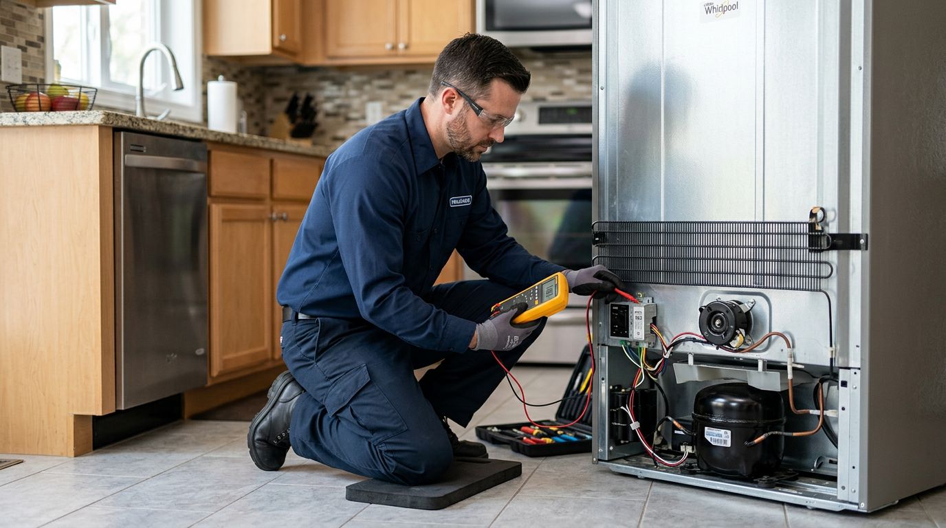 Appliance repair expert diagnosing fridge