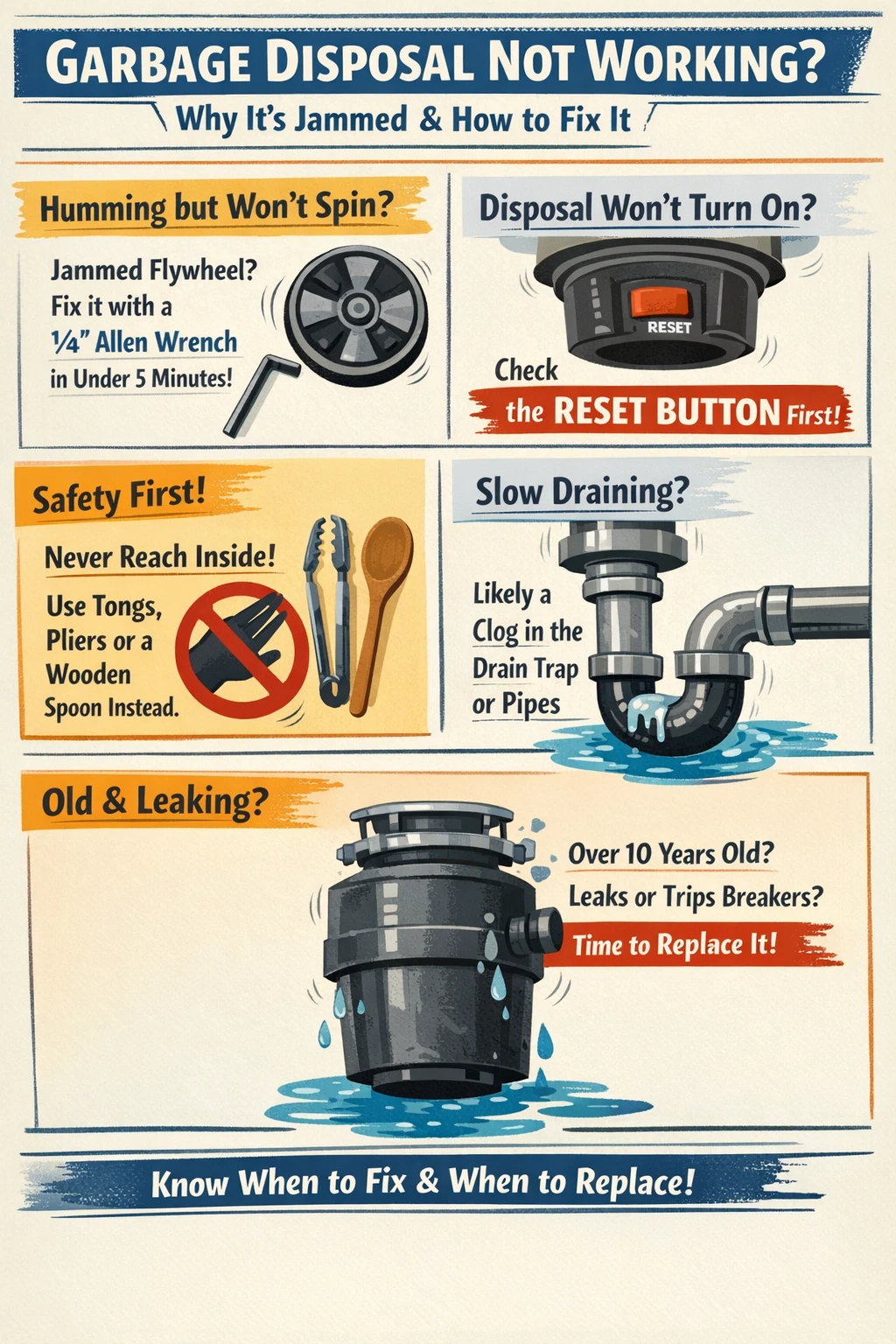 Garbage disposal troubleshooting infographic