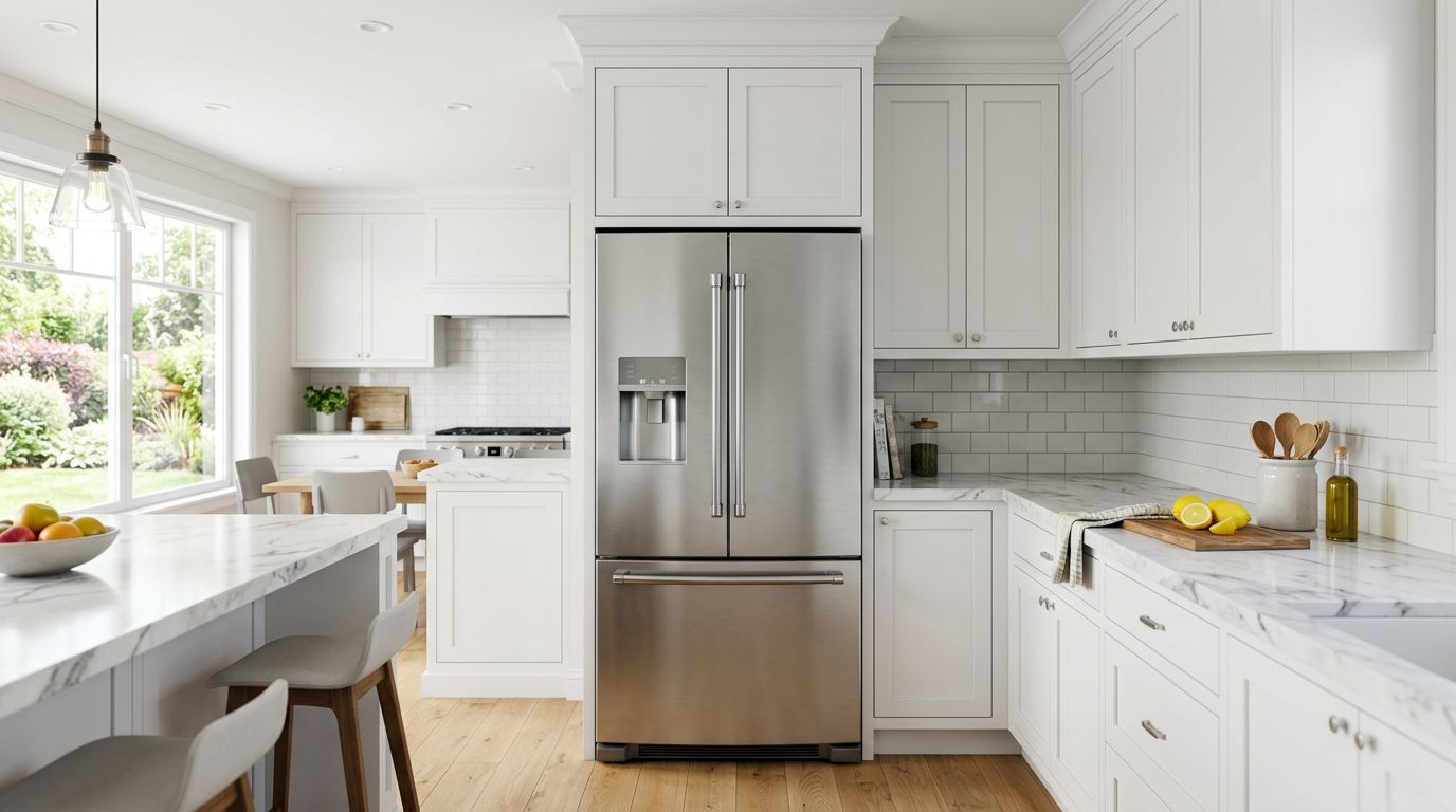 Modern refrigerator running in kitchen