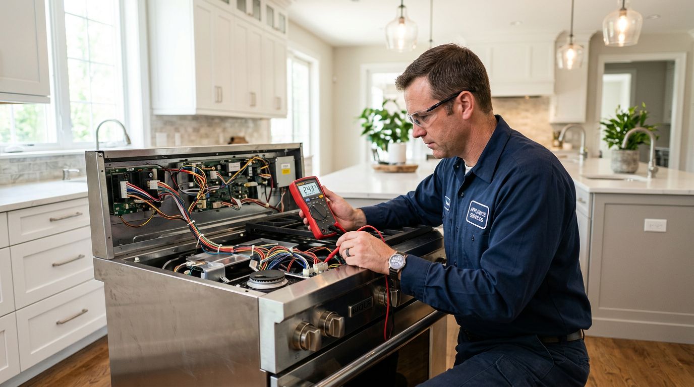 Professional technician diagnosing stove repair