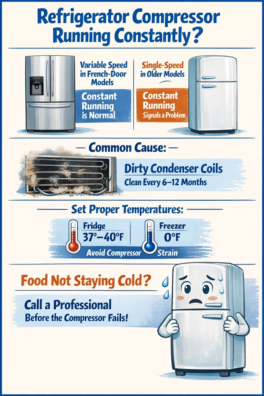 Refrigerator compressor running constantly troubleshooting infographic