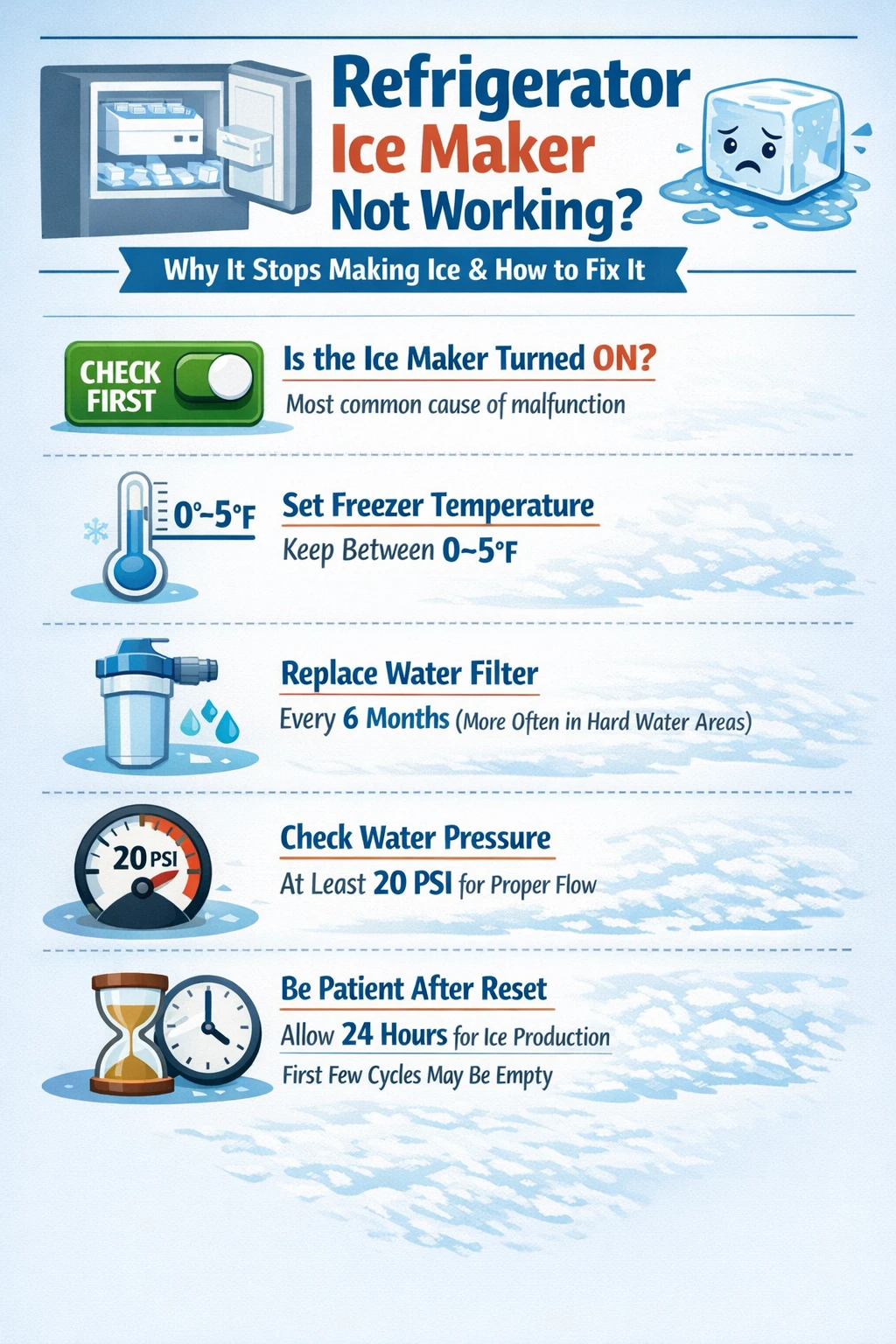 Refrigerator ice maker troubleshooting summary