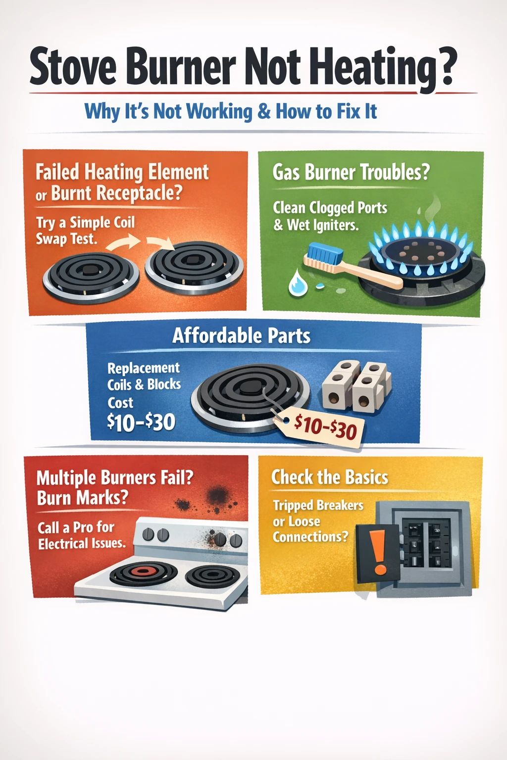 Stove burner not heating troubleshooting infographic summary