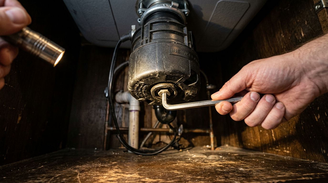 Unjamming garbage disposal with Allen wrench