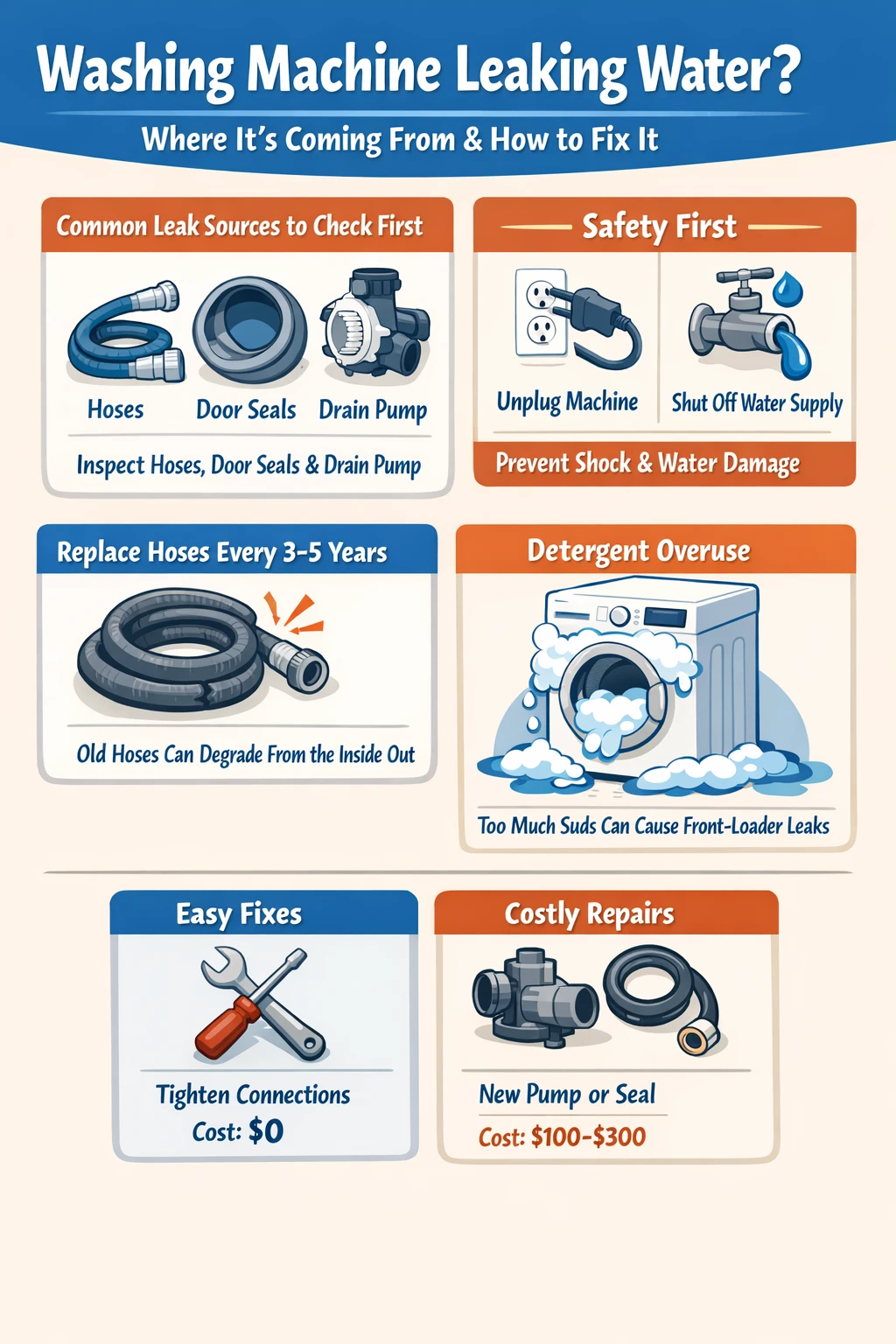 Washing machine leaking water troubleshooting infographic key takeaways